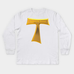 Franciscan Tau Cross Peace And Good Gold on Gold Metallic Kids Long Sleeve T-Shirt